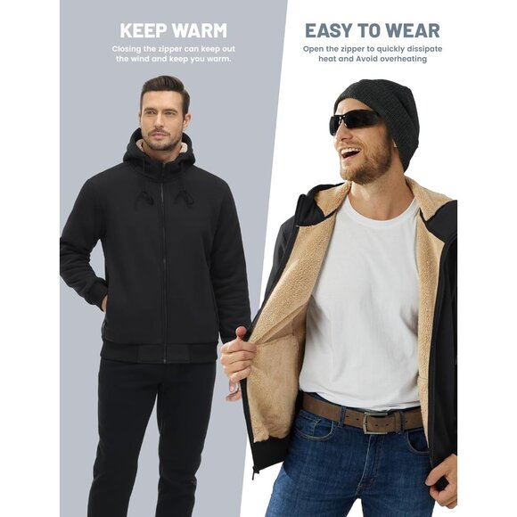 Mens Winter Hoodie Full Zip Fleece Sherpa Lined Warm Work Casual Sweatshirt - Picture 3 of 6